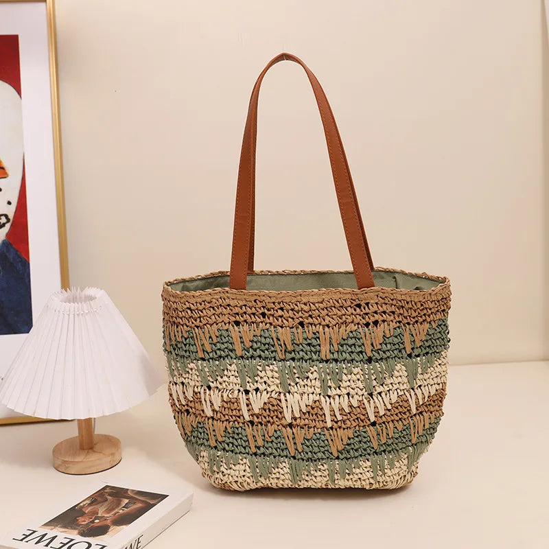 vzyzv -  New One Shoulder Grass Woven Bag Contrast Color Handmade Large Capacity Beach Vacation Leisure Summer Women's Bag