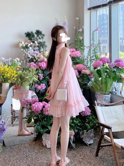 vzyzv  -  Sweet Pink Y2k Mini Dress Party Women Casual Sleeveless Elegant Dress Korean Style Fashion Pure Color Dress Female 2023 Summer