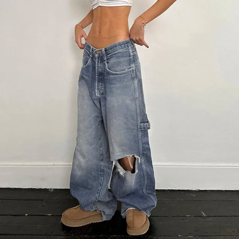 vzyzv  -  Retro Street Style Wide Leg Jeans Women Bleached Ripped Hole Loose Denim Pants Casual Do Old Oversized Trousers Pockets