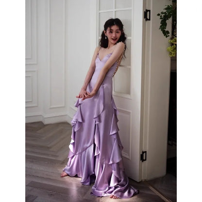 TAVIMART  -  Purple V-neck Strap for Bride's Wedding Sexy Pleated Split Tassel Birthday Party Dress Платье Для Мамы Жениха Women Gowns