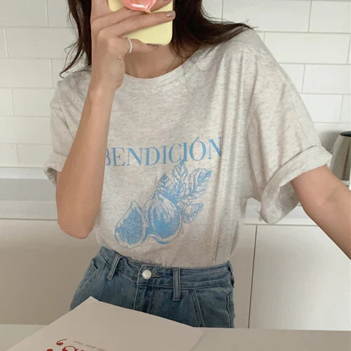 vzyzv  -  Summer Korean Chic Women T-Shirt  Ladies Simple All Match Fig Print Loose Round Neck Slim Casual Short-Sleeved Y2k Top