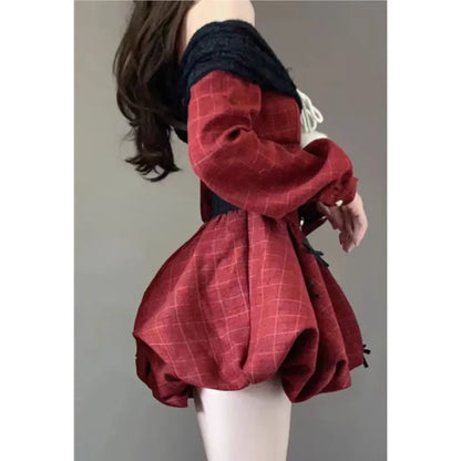 vzyzv  -  Y2K Christmas Red Elegant Party Dress Women Casual Sweet Plaid Bow Dresses Female Korean Fashion Chic Kawaii Mini Dress