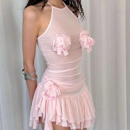 vzyzv -  Sheer Mesh Open Back Mini Dress Women's Clothing Patchwork 3D Flowers Halter Short Dresses Summer Party Beachwear 2024