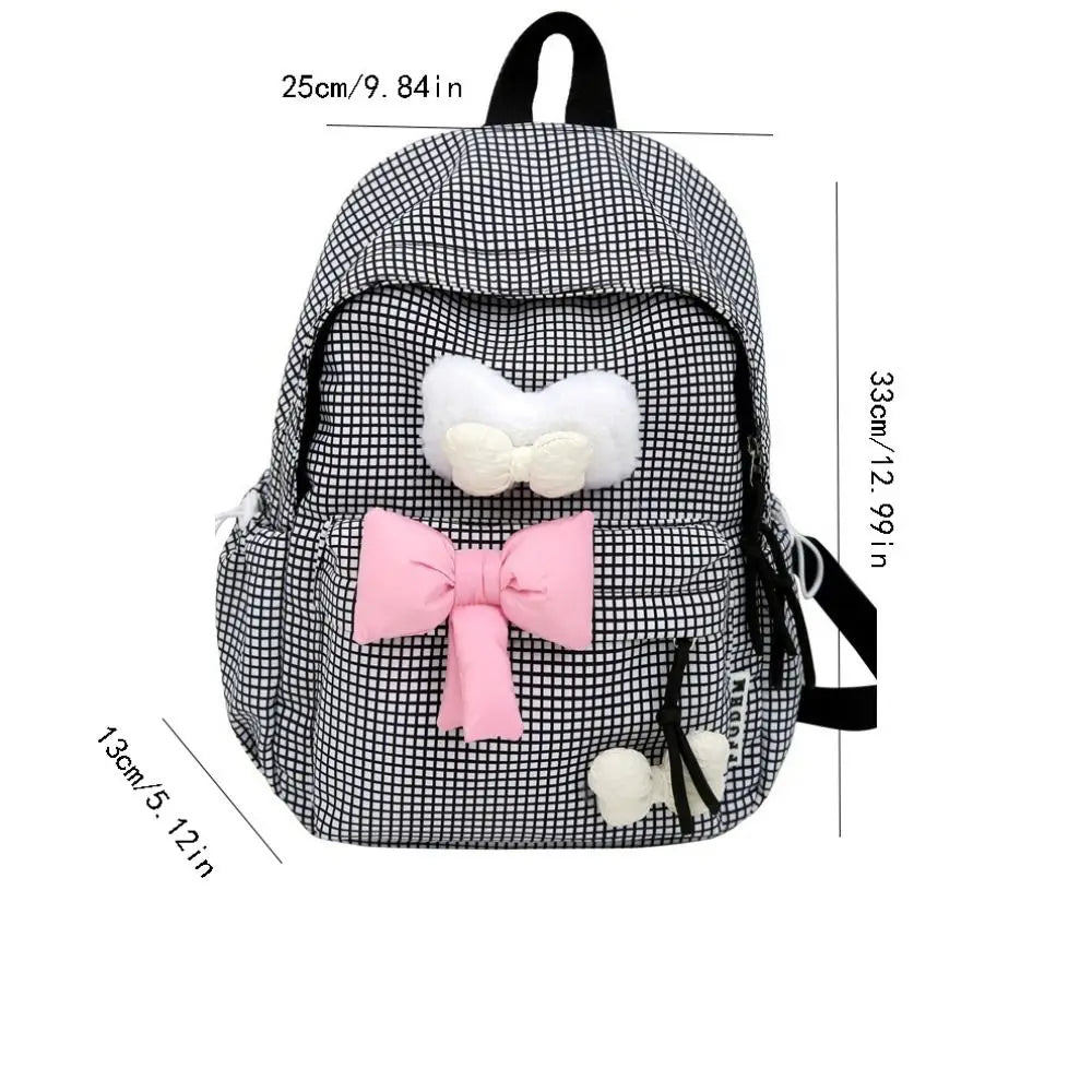 vzyzv  -  Large Capacity Cute Bowknot Backpack Solid Color Korean Style Nylon Student School Bag Lattice Lightweight