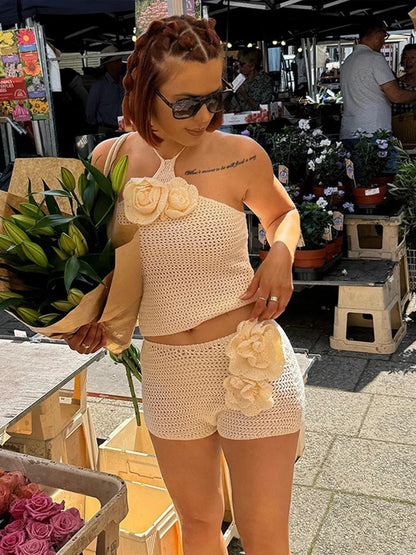 vzyzv  -   3D Flower Knit Halter Tops Shorts 2 Pieces Sets Women Sleeveless Backless Slim Crop Top Suits Beach Female Summer Street Outfits