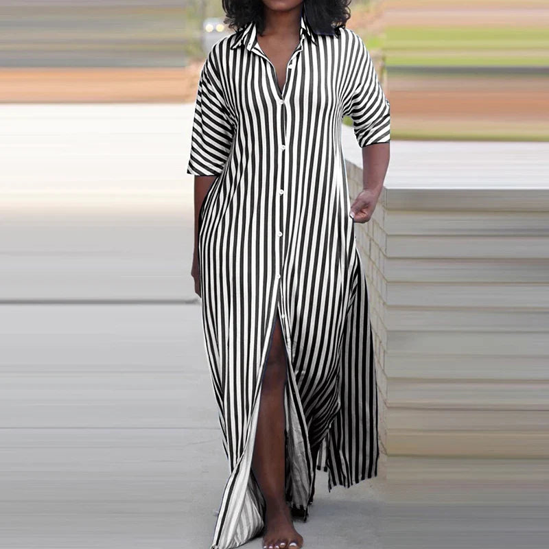 nvxiot  -  2024 Women's Turn-down Collar Half Sleeve Loose Dress Casual Single Breasted Split Long Dress Office Elegant Striped Shirt Dress