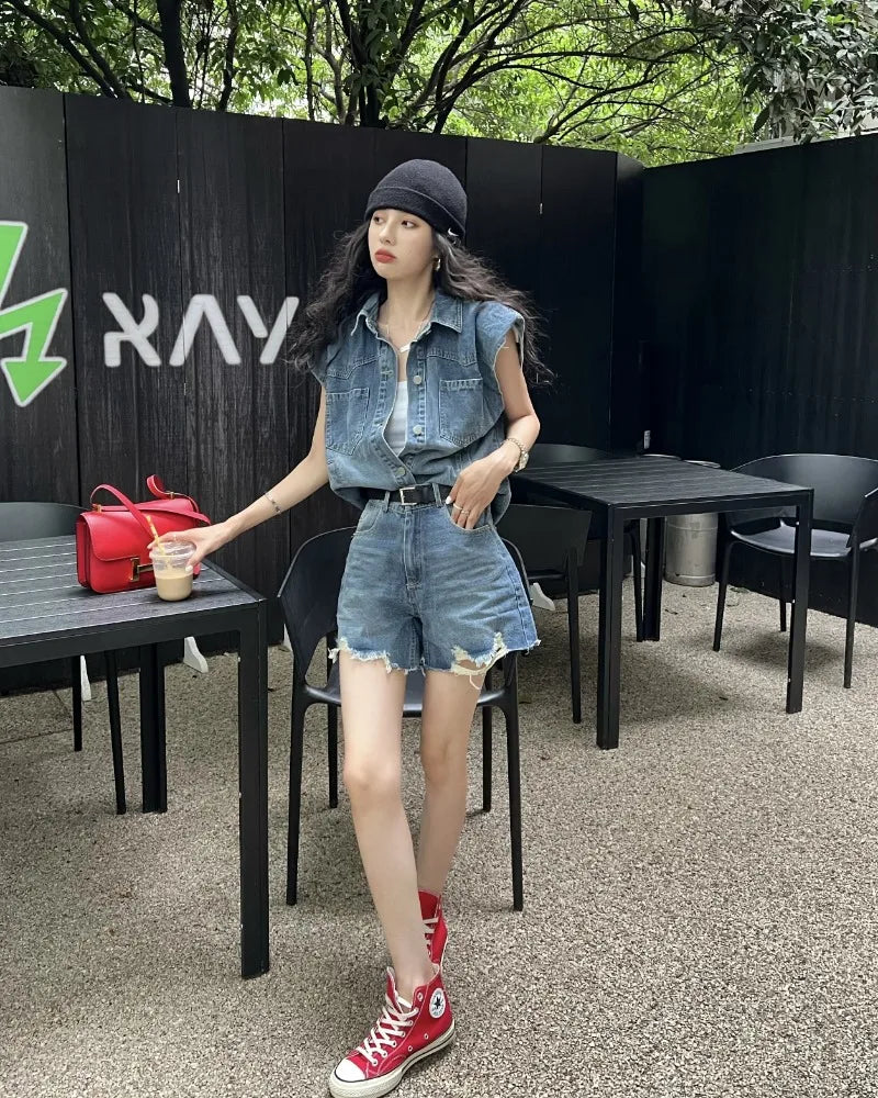 vzyzv -  Sweet Hot Girl Casual Suit Women's Summer Sleeveless Denim Tank Top High Waisted Shorts Two-piece Set Fashion Female Clothes