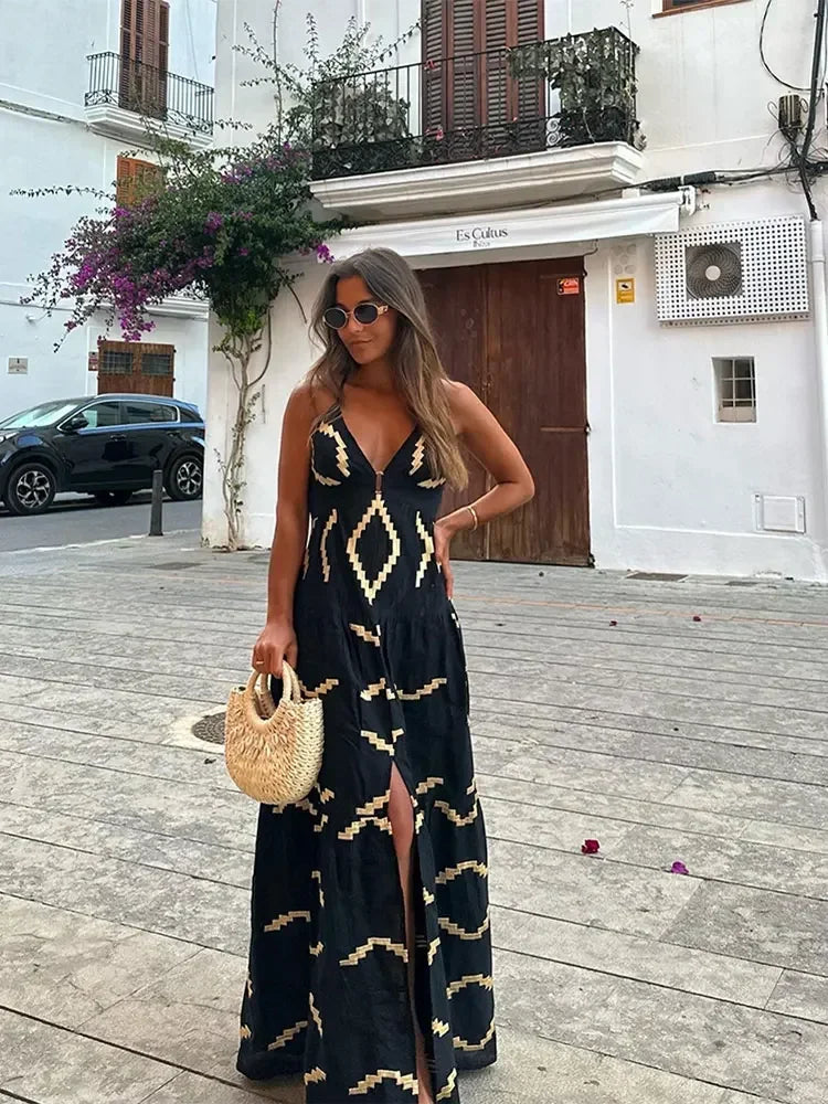 vzyzv  -  Sexy Backless Women Print Halter Maxi Dress Fashion Deep V-neck High Waist Split Dresses Summer Lady Loose High Street Robe