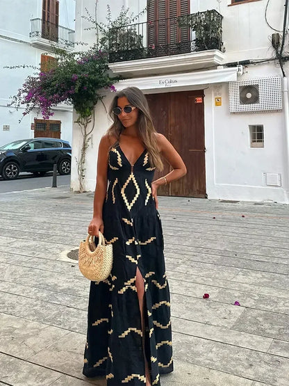 vzyzv  -  Sexy Backless Women Print Halter Maxi Dress Fashion Deep V-neck High Waist Split Dresses Summer Lady Loose High Street Robe