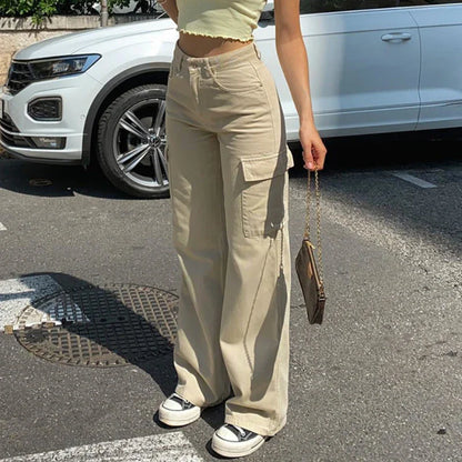 vzyzv  -  Y2k Cargo Pants Baggy Wide Leg Trousers Women Streetwear Fashion Apricot Straight Jeans Pocket Loose High Waisted Jeans Trousers