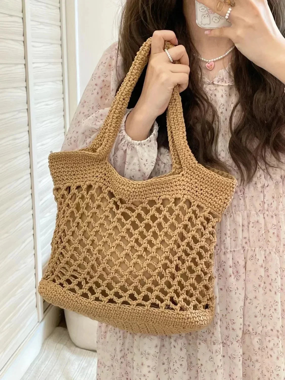 vzyzv  -  Y2k Aesthetic Women Knitted Top-Handle Bags Hollow Out Fashion Solid Shoulder Handbags Korean Vintage Simple Purses and Handbags