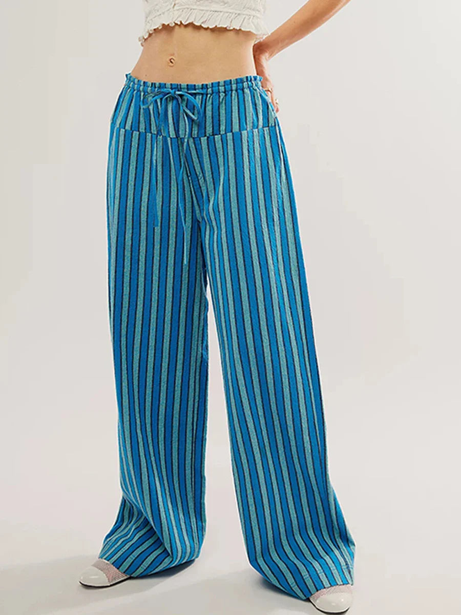 vzyzv  -  Pocket Drawstring Baggy Trouser Women Mid Waist Streetwear Fashion Striped Wide Leg Pant Summer Holiday Casual Sport Pants