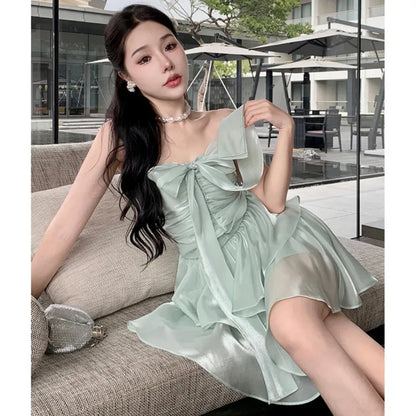 nvxiot  -   Summer French Style Bow Tie Green Dress Sexy Strapless Pleated Waist Slim A-line Cake Dress Princess Glossy Ruched Mini Dresses