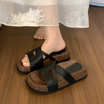 vzyzv  -  Flat Shoes Female Med Ladies' Slippers Slipers Women Platform 2024 Beach Soft Rome Rubber Fabric Slides Retro Casual PU Scandal