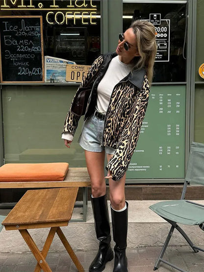 vzyzv  -  Women's Casual Leopard Printed Leather Lapel Patchwork Jacket Chic Zipper Long Sleeve Short Slim Coat 2024 Lady High Streetwear