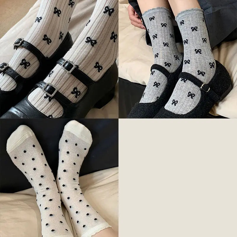 vzyzv -  Summer Thin Bow Dot Lace Mid Tube Socks Versatile Mesh Hollow College Style Sweet Stacked Socks Japanese JK Calf Socks for Women