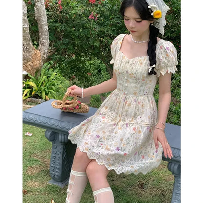 vzyzv -  French Romantic Pastoral Style Floral Dress Women Summer Sweet Embroidered Square Collar Bubble Sleeve A- Line Long Dress