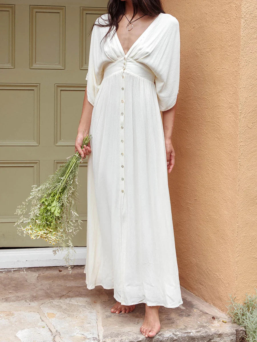 vzyzv  -  Summer New Casual White Long Dresses Elegant Single Breasted V Neck Short Sleeve Maxi Dress Women Simple Fashion Holiday Vestido