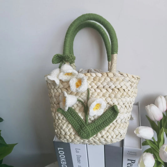 vzyzv -  Summer Small Fresh Handmade Lily Of The Valley Woven Bag Idyllic Outing Camping Beach straw Handbag