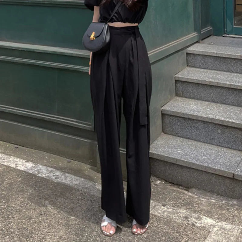 nvxiot  -  Fashion Women Wide Leg Pants Korea Chic High Waist Loose Mopping Suit Pants Elegant Lady Pleated Belt Strap Black Loose Trousers