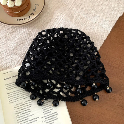 vzyzv  -  Korean Simple Handmade Hollow Knitted Hat Summer Thin Pearl Pendant Trendy Artistic Short Eave Skull Bean Cap for Women's