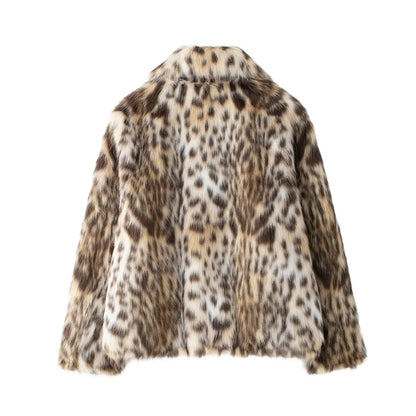 vzyzv  -  Winter Woman Lapel Long Sleeves Side Pockets Casual Coat Fashion Women Leopard Print Faux Fur Loose Slim Warm Coat Mujer