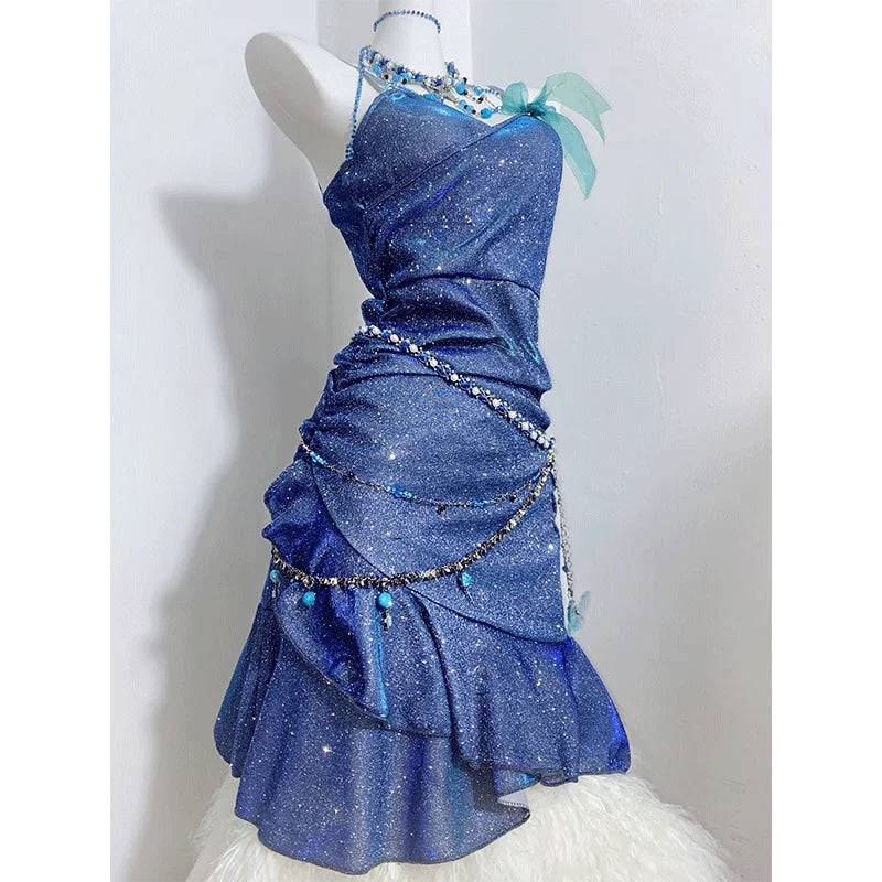 TAVIMART  -  Dress Blue Sea Glitter Suspender Princess Sexy Hip-Hugging Fishtail Dress Stunning Little Skirt For Women