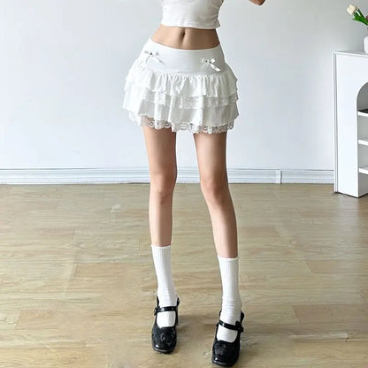 vzyzv  -  White Mini Skirts High Quality Lace Bow Patchwork Sweet A-Line High Street Korean Fashion Women Cupcake Dress Harajuku All-Match