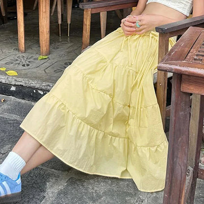 vzyzv  -  Bow Tie Sweet Women Long Skirt Korean Streetwear Loose Fit Yellow Y2K A-line Skirt Cute Fashion Outfits Autumn Lady