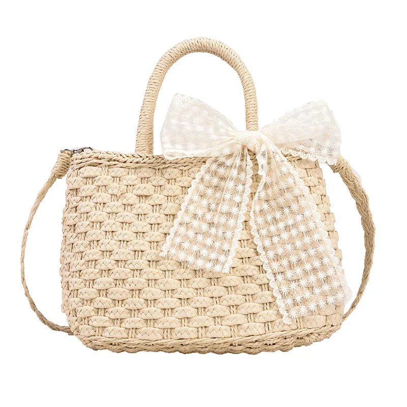 vzyzv -  Luxury Designer Women's Hand Woven Straw Bag Summer New Bohemian Beach Seaside Travel Handbag Lace Bow Drawstring Tote Picnic