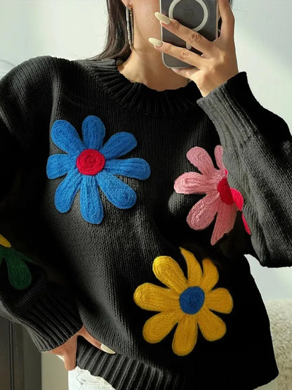 vzyzv  -  Autumn Knitted Women Sweater Sweet Flower Loose Long Sleeve O-neck Female Pullovers 2025 New Casual Loose Ladies Tops Streetwear