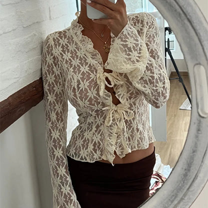 vzyzv  -  Tie Front Sheer Slim Crop Cardigan Clubwear blusa mujer moda Elegant Women Summer Lace Floral Tops Flare Long Sleeve