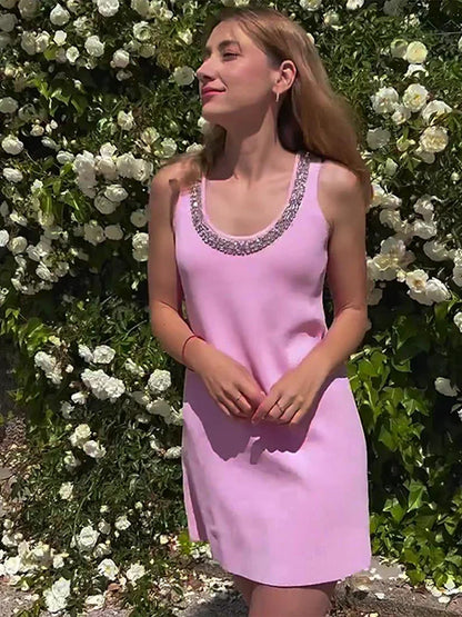 vzyzv -  Knitted Rhinestone Strap Mini Dress Women Casual Loose O-neck Short Sleeve Female Short Dresses 2024 Summer Lady Pink Vestidos