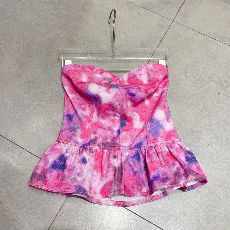 TAVIMART  -  Backless Sexy Pink Tie Dyed Tank Tops for Women Summer Fashion Denim Cropped Top Female Vests Y4038