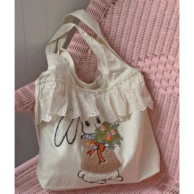 vzyzv  -  Rabbit Embroidery Beige Shoulder Bags Women Lolita Cute Lace Large Capacity Tote Bag Handbag Female Canvas Underarm Bag