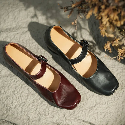 vzyzv  -  Women Pumps French Style Cowhide Simple Shoes One Strap Woman Elegant Shoes Lady Spring Autum Retro Pumps Thick Heel Square Toe