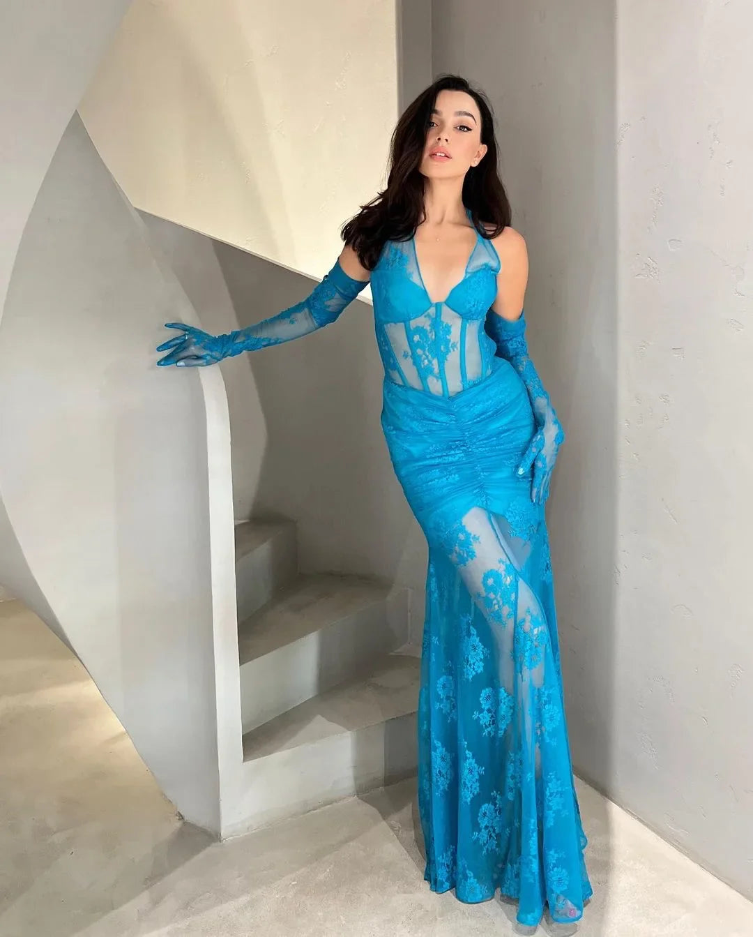 vzyzv  -  Fashionable Gloves Blue See Through Lace V-Neck Halter Mermaid Dress Elegant Goddess Evening Dress Celebrity Party Vestido