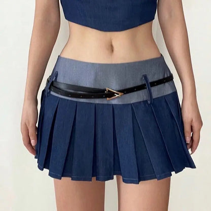 vzyzv  -   Pleated Stitching, Contrasting Colors + Belt To Cover Crotch Slimming Sweet And Spicy Skirt Short Skirt American Style For Women