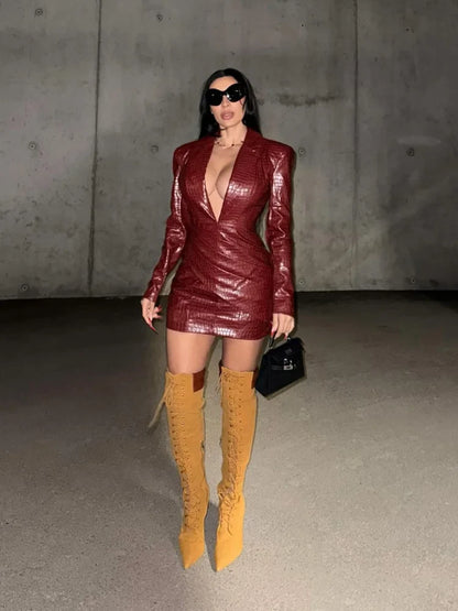 vzyzv  -  Women Sexy Deep V Red Lattice Leather Mini Dress Fashion Long Sleeve High Waist Fold Slim Dresses Lady New Highstreet Short Robe