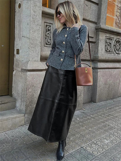 vzyzv  -  Black PU High Waist Long Skirt For Women Patchwork Casual Commute Slim Autumn Plaid Skirt Fashion Female Maxi Skirt