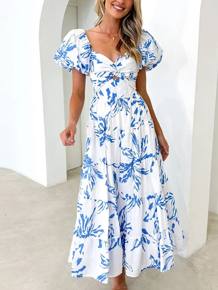 nvxiot  -  Holiday Vintage Maxi Long Beach Dress for Women 2024 Spring Summer Female Slim-fit Printed Hollow Puff Sleeve Dress Elegant