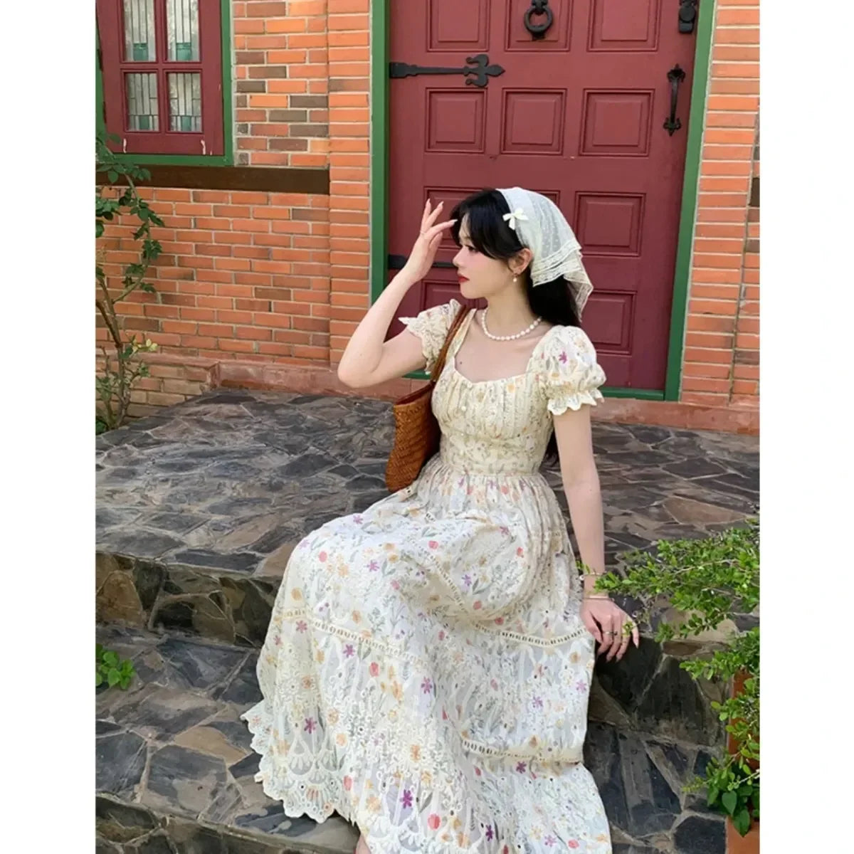 vzyzv -  French Romantic Pastoral Style Floral Dress Women Summer Sweet Embroidered Square Collar Bubble Sleeve A- Line Long Dress