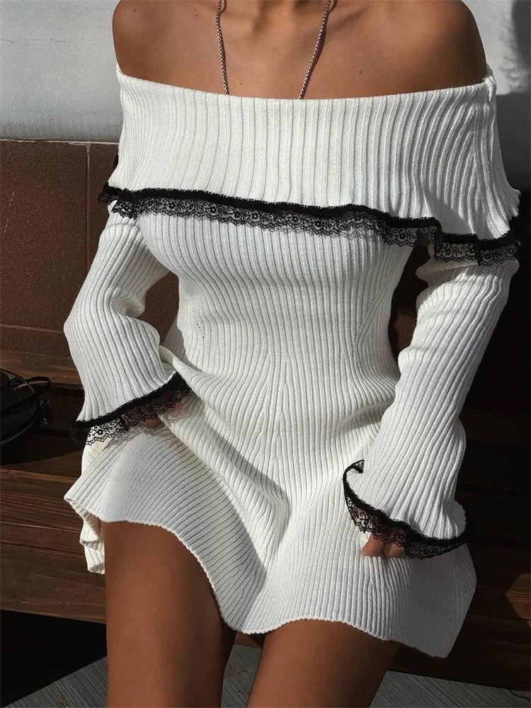 vzyzv  -  Knit Off-Shoulder Sweater Mini Dress Women's Lace Patchwork Ribbed Slim Backless Elegant Party Dress Knitwear Mini Dress