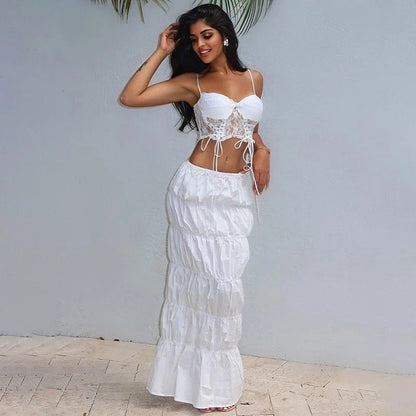 vzyzv -  Sexy Lace Tube Top Suspender pleated Skirt Suit For Women Summer Beach Holiday Outfits Long Skirt Solid Color Female New