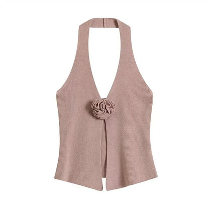 vzyzv -  Solid Knitted 3D Flower Halter Women Vest V-neck Sleeveless Backless Split Female Tanks 2024 Summer New Fashion Sexy Lady Tops