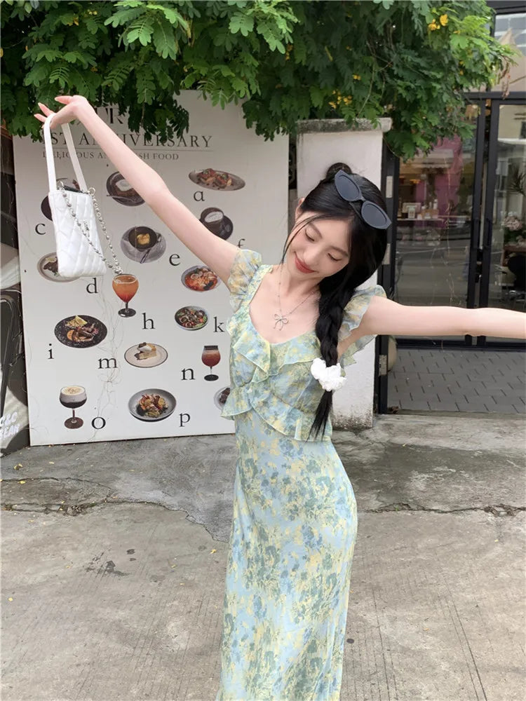 vzyzv -  Fashion Women Green Floral Print Ruffles Holiday Dress Summer Flying Sleeve Long Dress Seaside Beach A Line Fairy Photo Dress