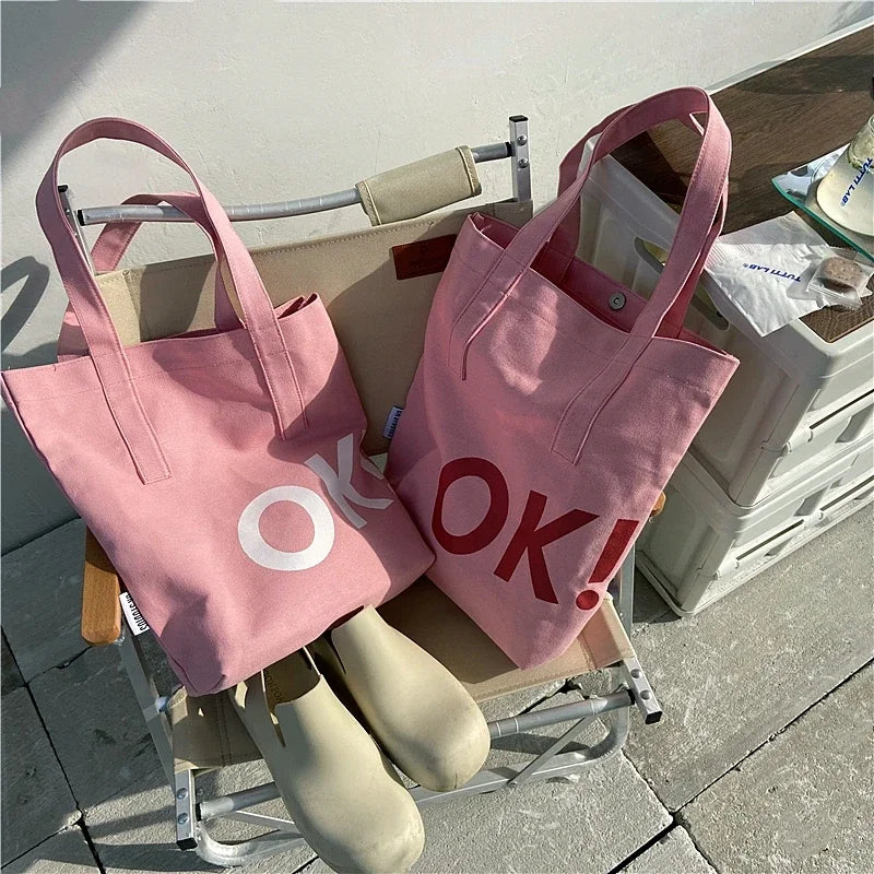 vzyzv  -  Korean Pink Shoulder Bags Women All Match Ins Canvas Tote Bag High-capacity Preppy Sweet Letter Print Handbags Y2k Simple