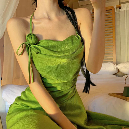 TAVIMART  -  Green Sleeveless Sexy Club Vacation Elegant Pleated Halter Bandage Long Dress 2024 New Fashion Evening Party Dress Women Summer