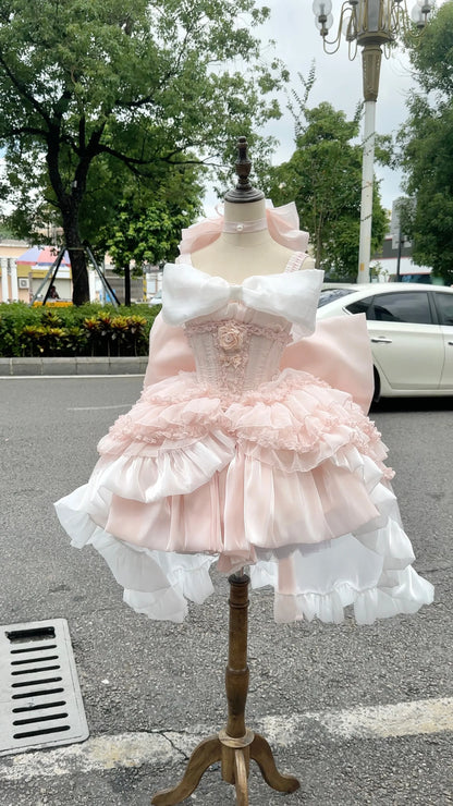 vzyzv  -  Elegant Princess Lolita Dress French Graceful Pink Strapless Dress for Women Summer Retro Three-Dimensional Flower Mini Dress