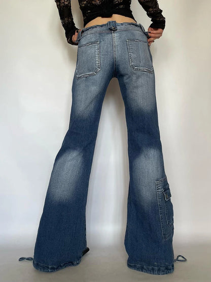 vzyzv  -  Vintage Blue Wash Loose Straight Flare Jeans Korean Chic Pockets Slim Denim Y2k Streetwear Low Waist Trousers All-match